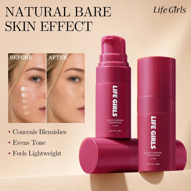 Life Girls Color Changing Foundation SPF15, Skin-Adapting Liquid Makeup, Hydrating Lightweight Buildable Natural Finish 30ml