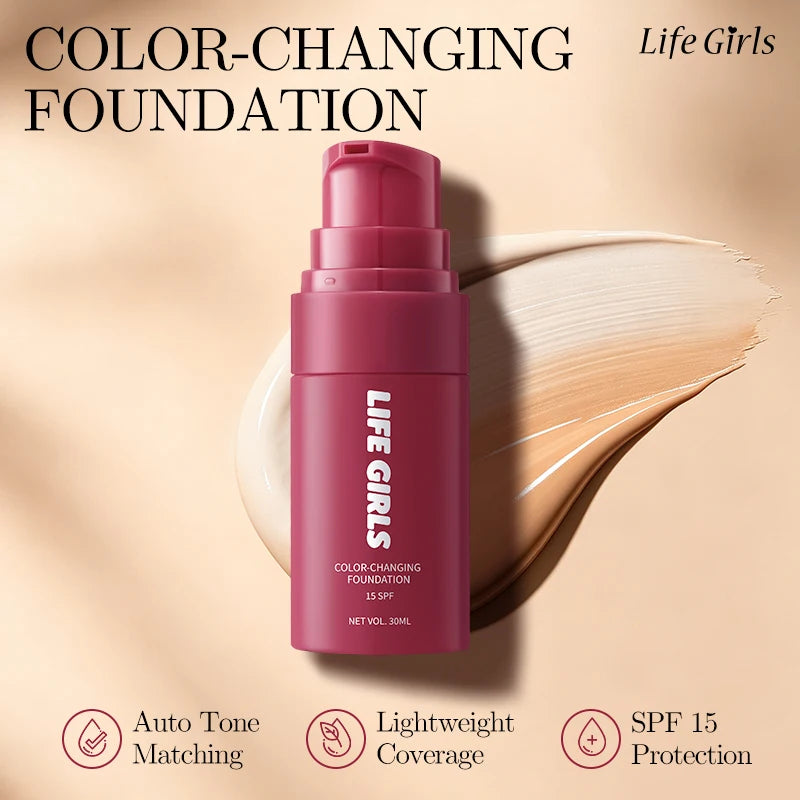 Life Girls Color Changing Foundation SPF15, Skin-Adapting Liquid Makeup, Hydrating Lightweight Buildable Natural Finish 30ml