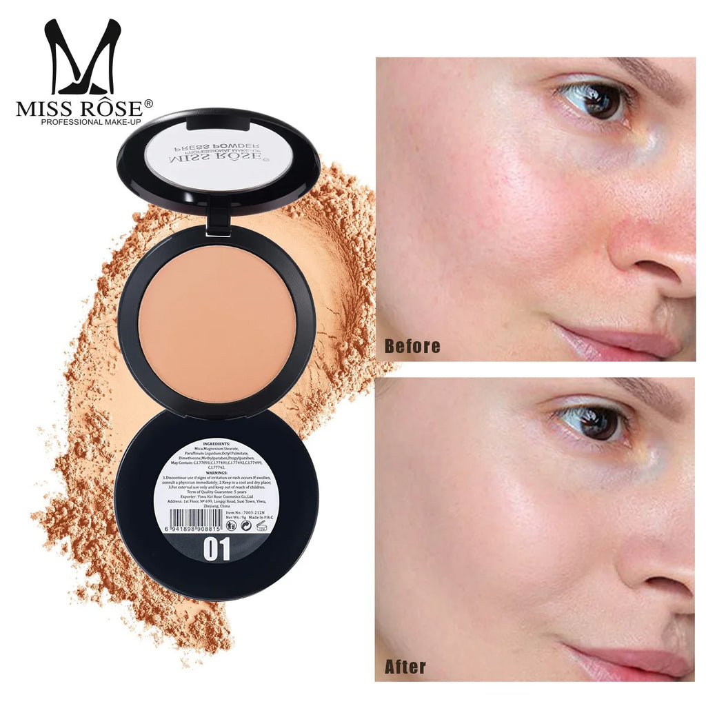 MISS ROSE Round Setting Powder with Puff Long-lasting Concealer Brightening Facial Makeup Daily Cosmetic for Natural Skin Finish