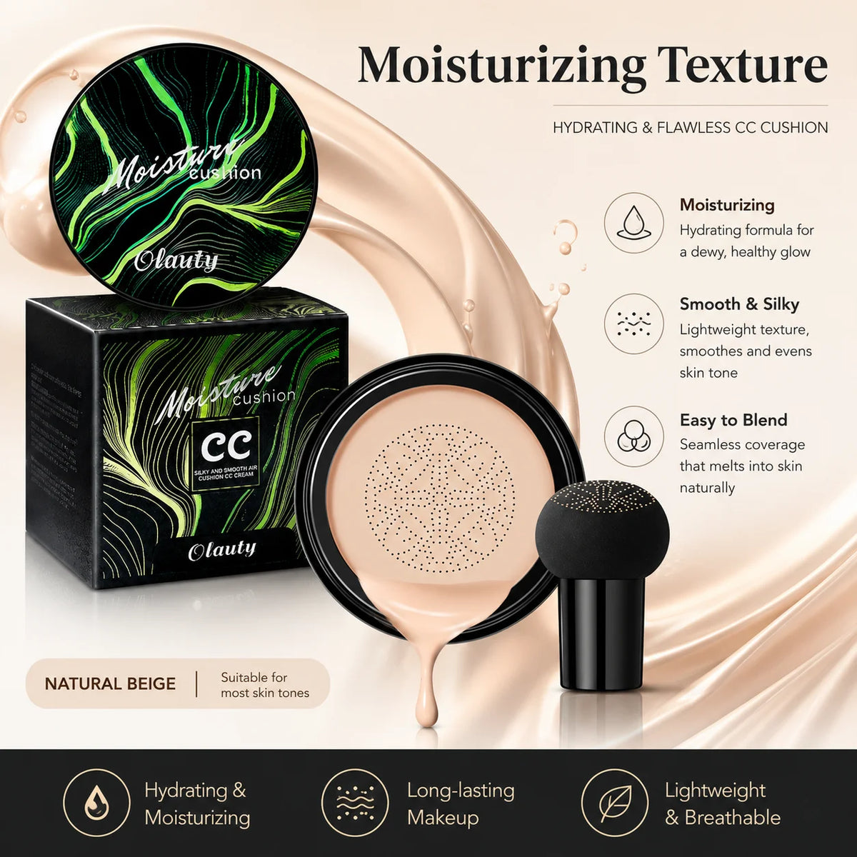 Moisture CC Cushion Foundation with Mushroom Sponge Long Lasting Hydrating Lightweight Flawless Coverage BB Air Cushion Makeup - AliExpress 66
