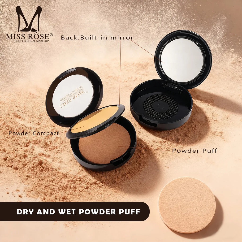 MISS ROSE Round Setting Powder with Puff Long-lasting Concealer Brightening Facial Makeup Daily Cosmetic for Natural Skin Finish