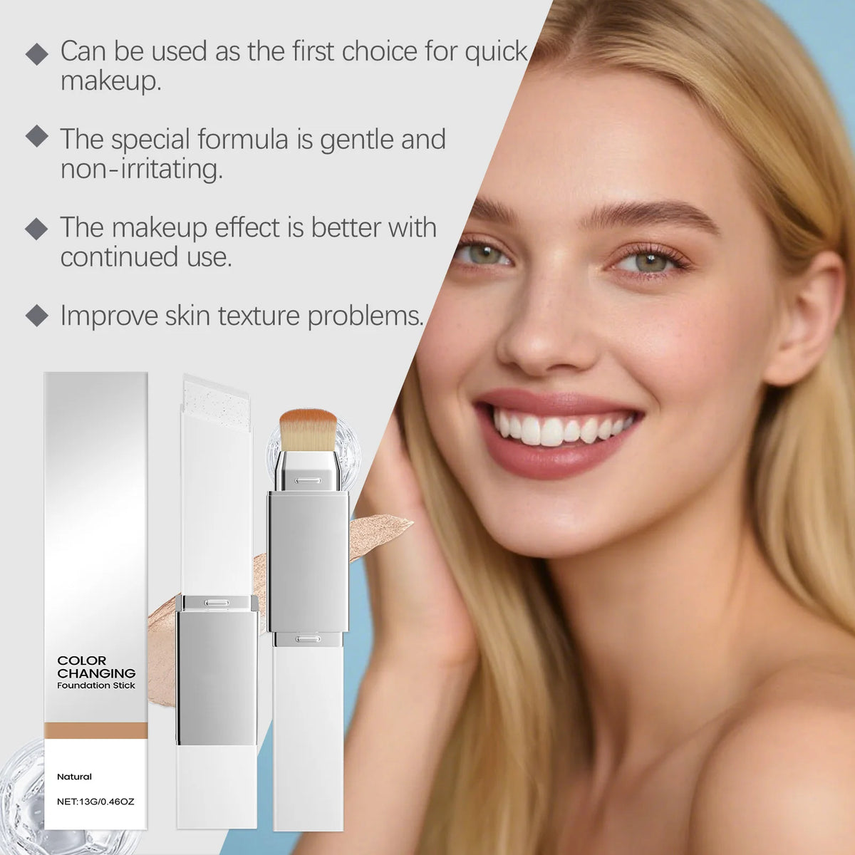 2 In 1 Color Changing Foundation Stick Matte Sheer Lightweight Cream Texture High Coverage Detachable Brush Natural Makeup Base