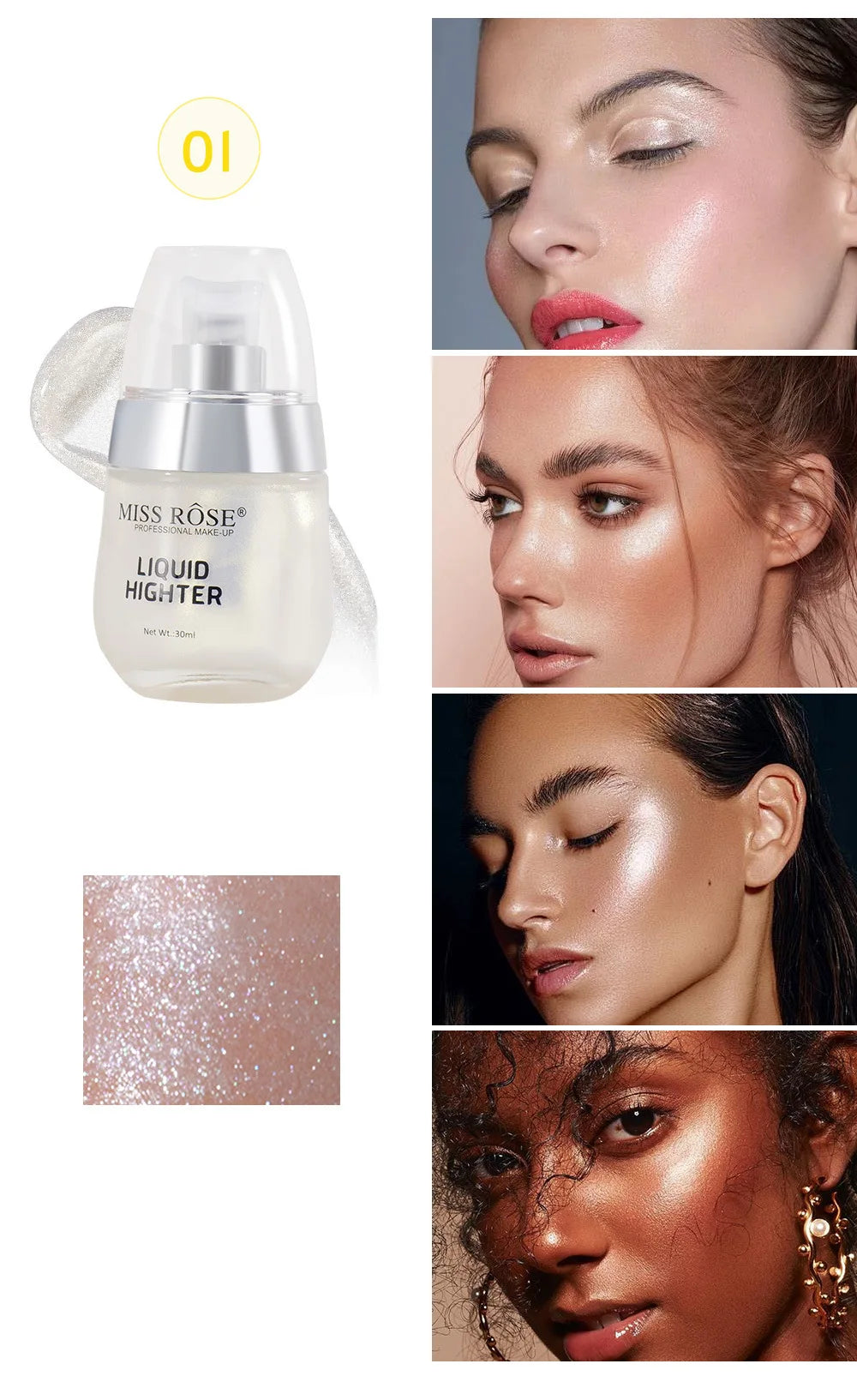 MISS ROSE Shimmer Super Sparkle Liquid Highlight Eyeshadow Natural Brightening Face Body Makeup Cosmetic Body Glitter