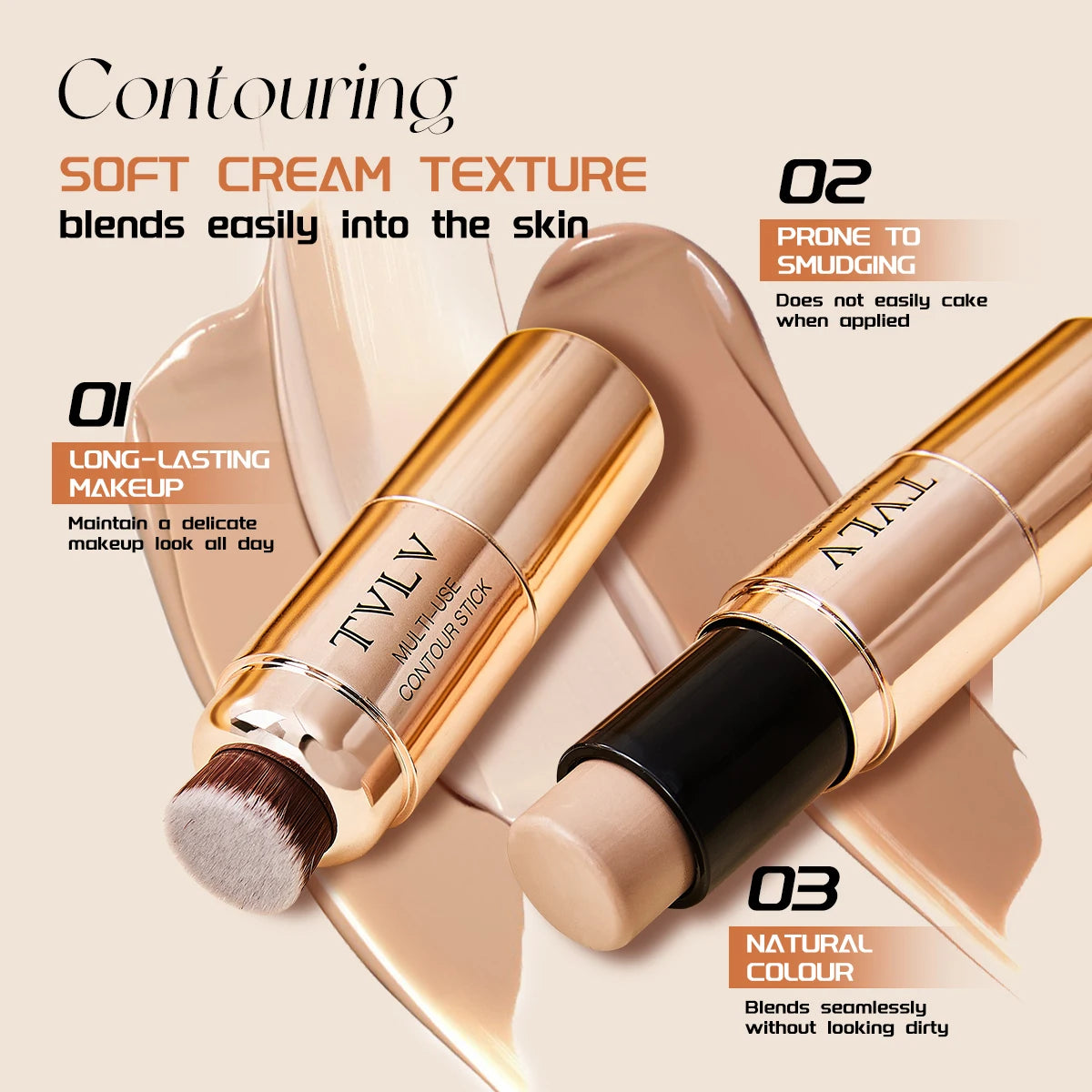2-in-1 Contour Stick with Built-in Brush Waterproof Long Lasting Natural Face Shaping Bronzer Makeup