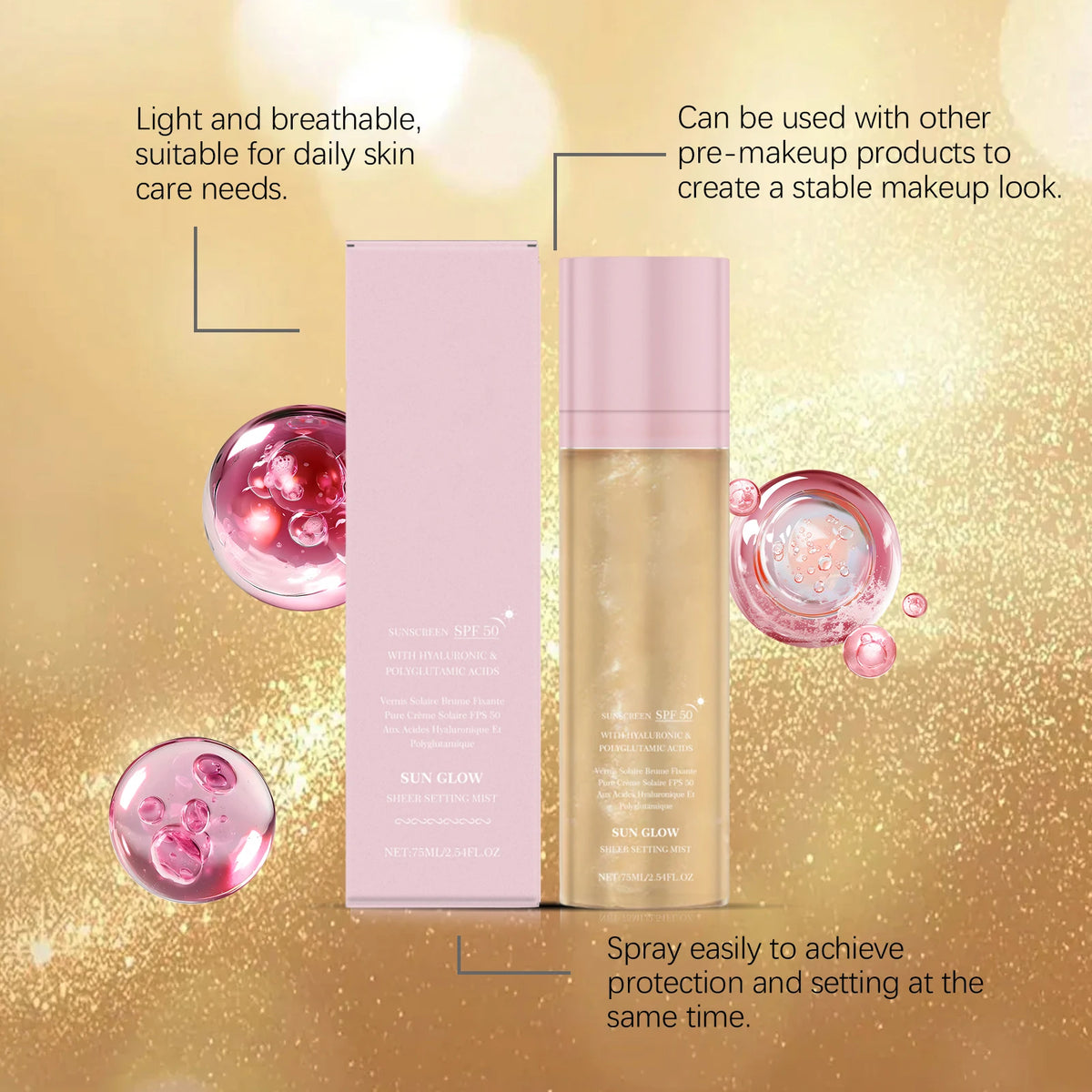SPF Makeup Setting Spray Long Lasting Glow Finish Waterproof Makeup-Friendly Sunscreen Hydrating Fixer Spray For Pre Makeup Use