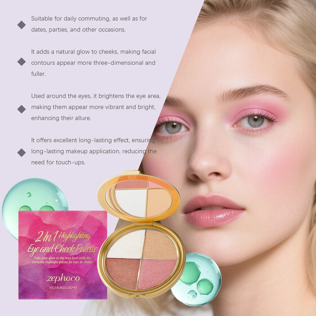 Highlighter, Eyeshadow & Blush Palette - Versatile, Portable Formula for Natural Eye and Cheek Makeup with Radiant Finish