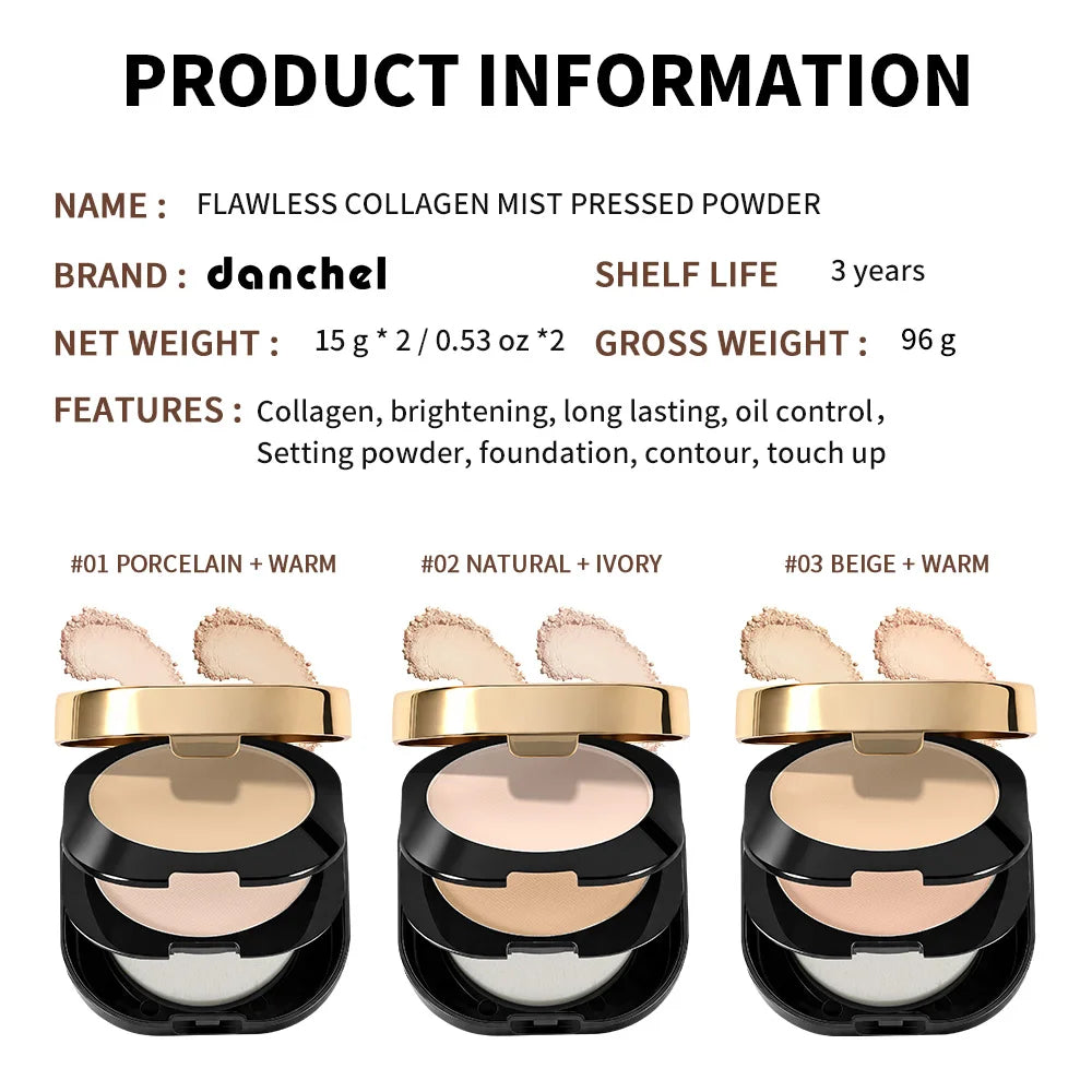 Collagen Dual-Layer Compact Powder Long-Lasting Oil Control Setting Touch-Up Portable Makeup For On-the-Go Daily Use