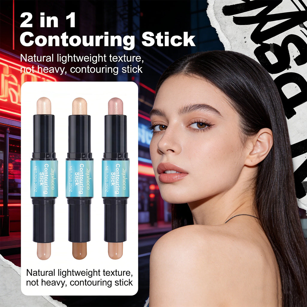 2 in 1 Contouring Stick Brighten and Plump Face Natural Contouring of Facial Contours Waterproof Long-Lasting Highlight Makeup