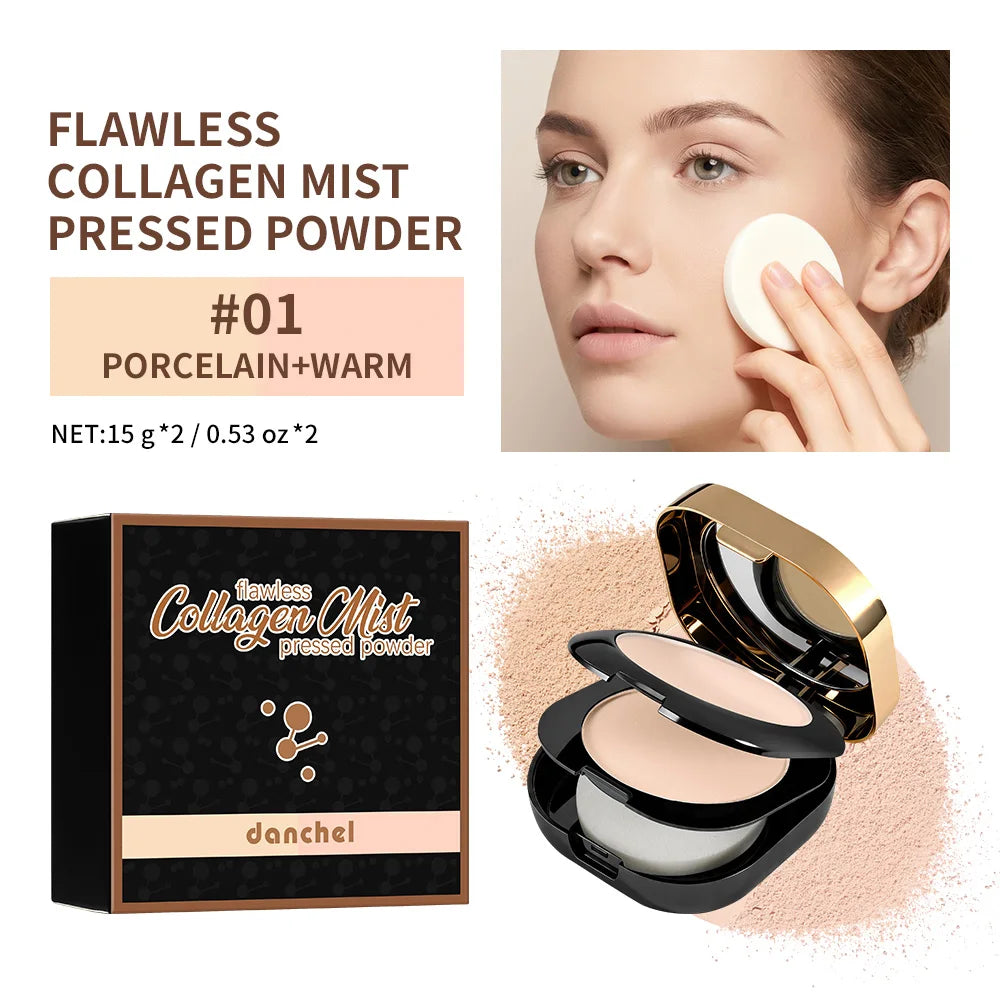 Collagen Dual-Layer Compact Powder Long-Lasting Oil Control Setting Touch-Up Portable Makeup For On-the-Go Daily Use