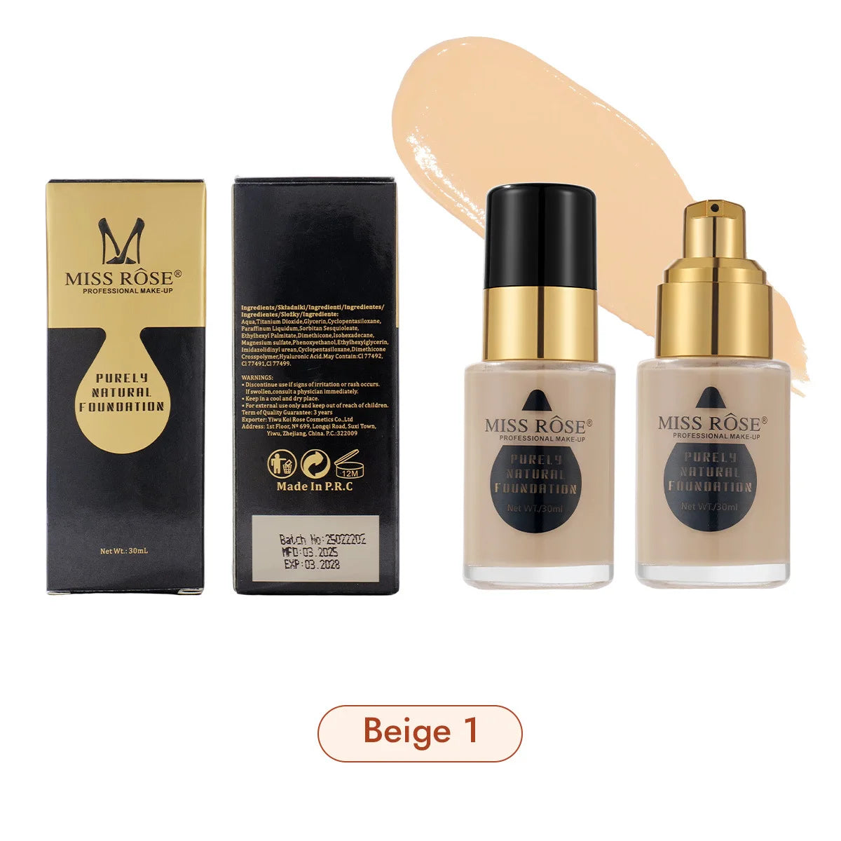 MISS ROSE 30ml Concealer Liquid Foundation Moisturizing Nourishing Lightweight Comfortable Wear Face Makeup Foundation Cream