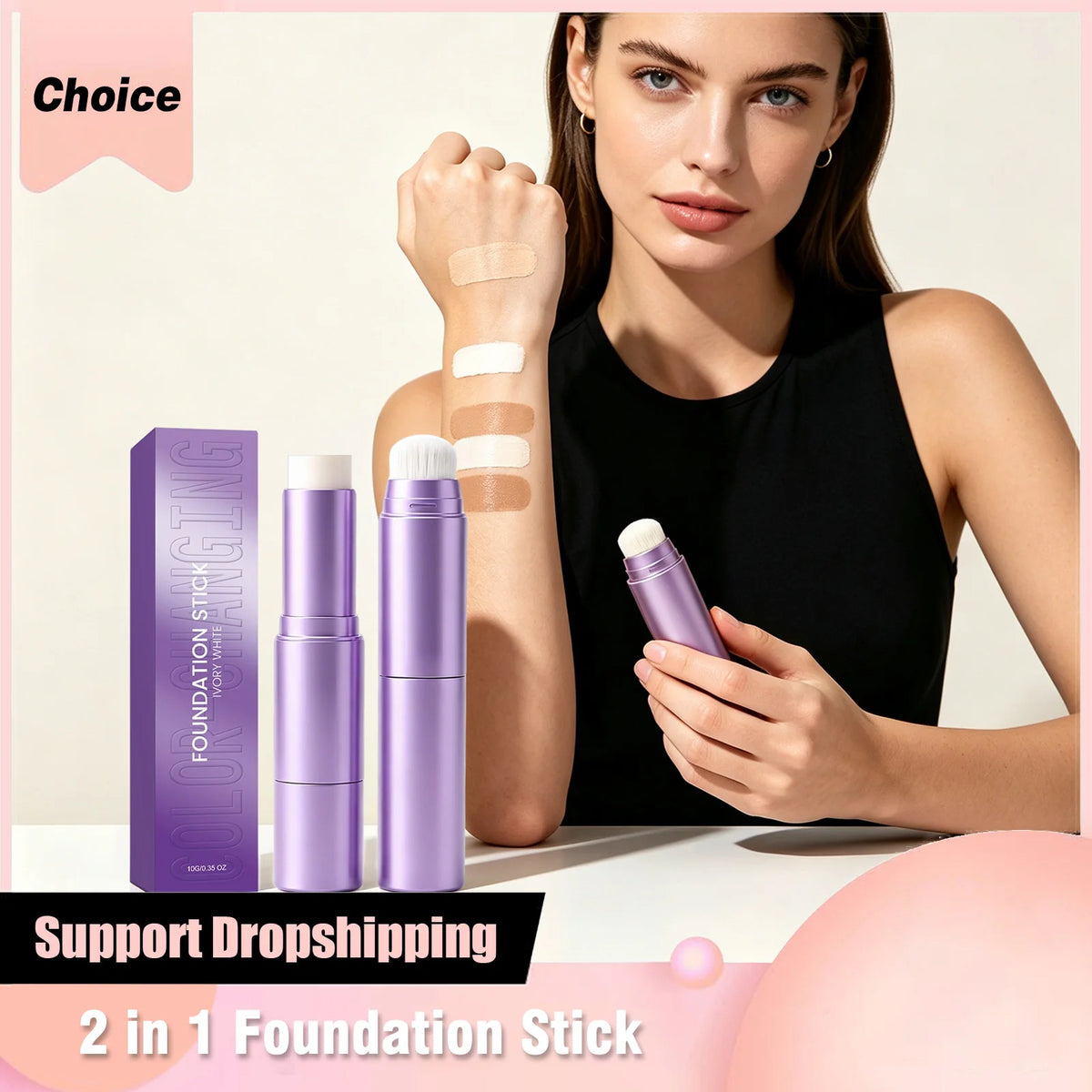 2 in 1 Color Changing Foundation Stick Waterproof Matte Full Cover Blemishes Pores Moisturizing Double-Headed Base Makeup Stick