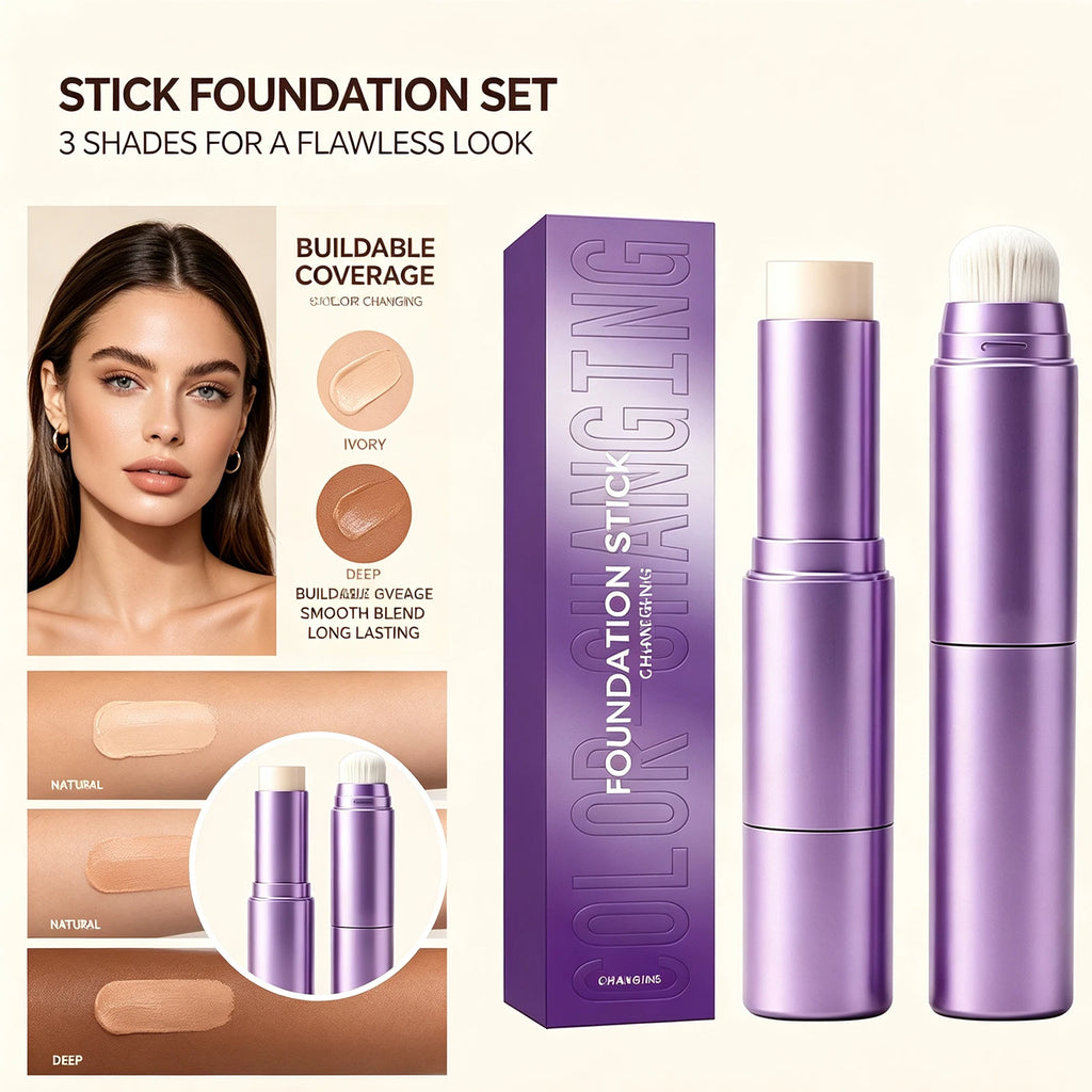 2 in 1 Color Changing Foundation Stick Dual Ended Brush Design Lightweight Natural Fit Skin Long Lasting Smooth Texture 10g