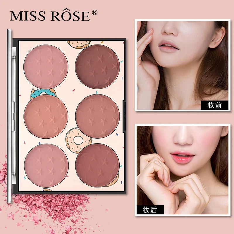 MISS ROSE 6 Color Blush Palette Natural Matte Rouge Multi-purpose Face Makeup for Blush & Contour Portable Daily Facial Cosmetic