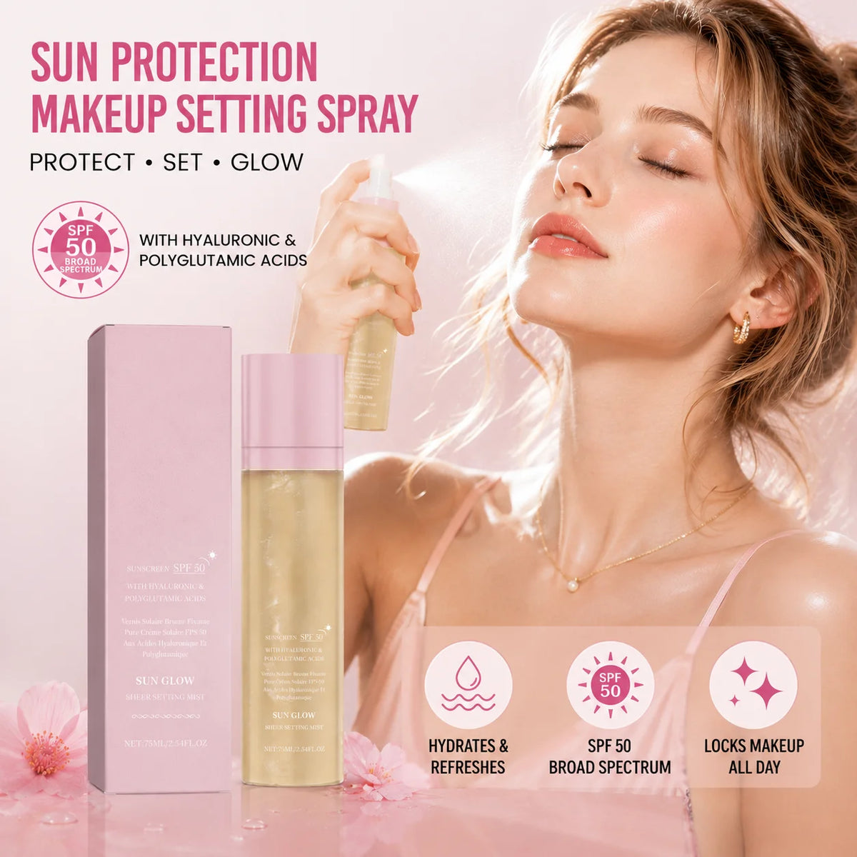 SPF Makeup Setting Spray Hydrating Glow Finish Waterproof Lightweight Non Greasy Lasting Makeup-Friendly Sunscreen Setting Mist