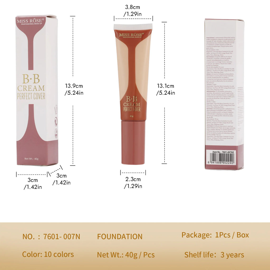 MISS ROSE 40ml Liquid Foundation Concealer Cream Moisturizing Brightening Skin Tone Lightweight Hydrating Daily Face Makeup Base