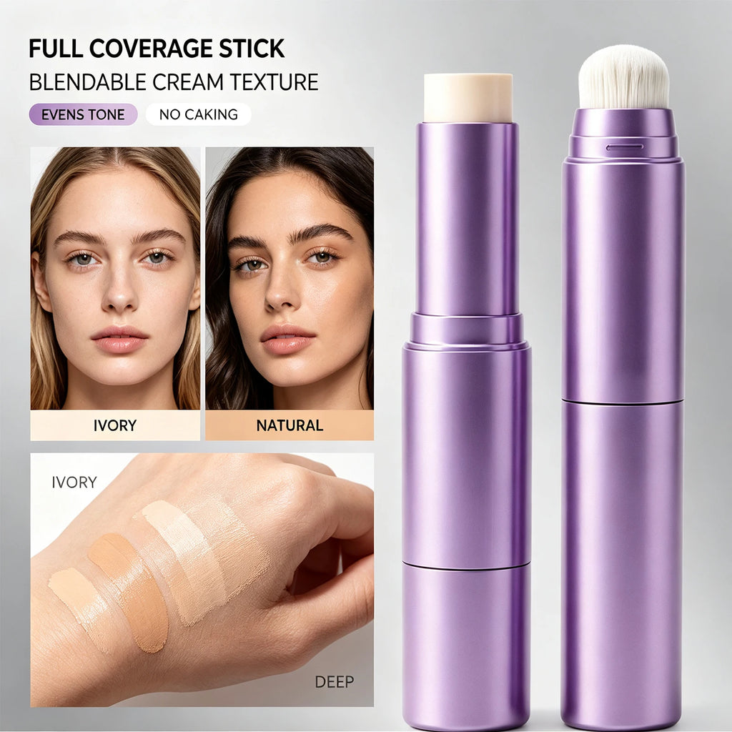 2 in 1 Color Changing Foundation Stick Dual Ended Brush Design Lightweight Natural Fit Skin Long Lasting Smooth Texture 10g