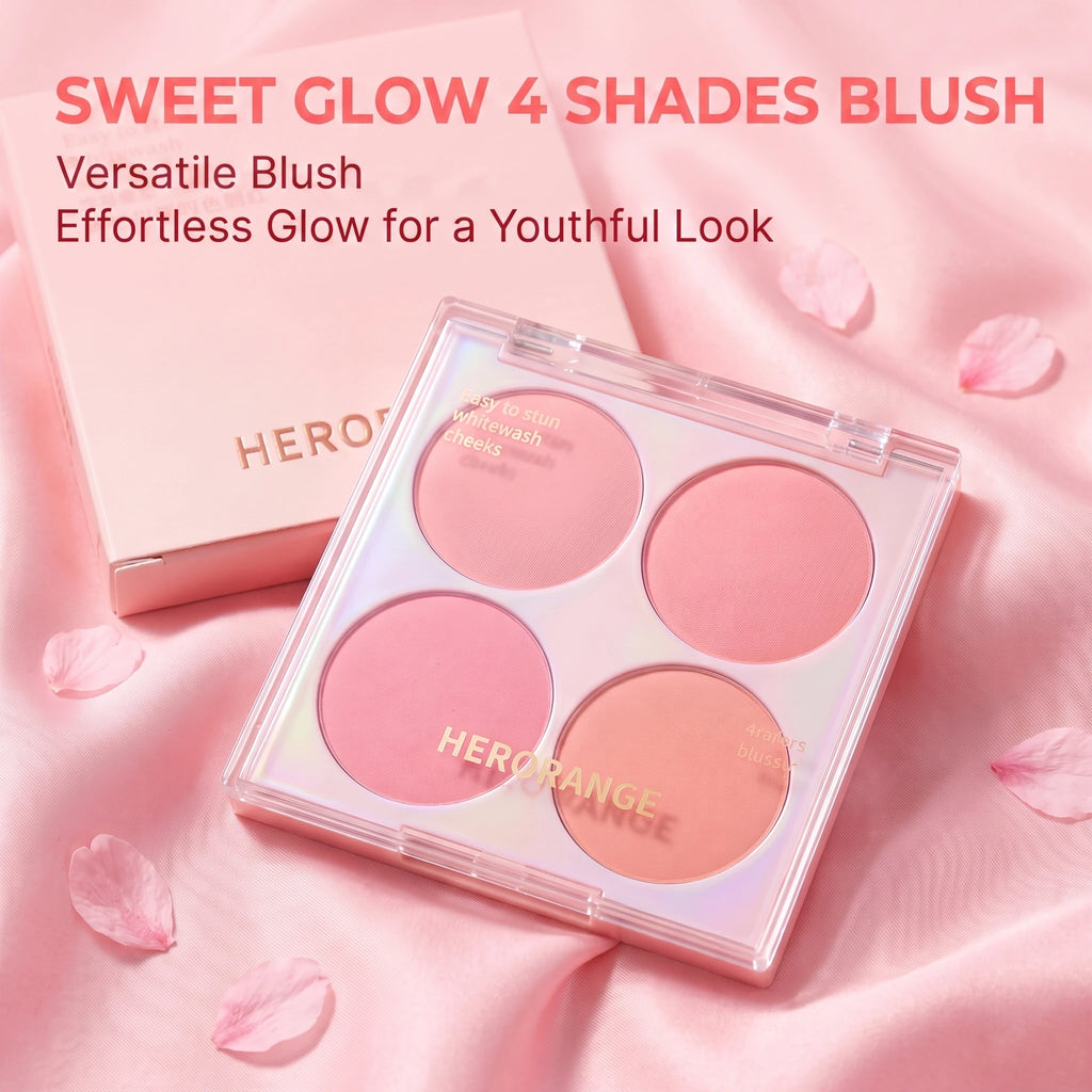 Herorange Sweet Glow 4-Color Blush Palette, Silky Blendable Powder, Multi Shades Buildable Soft Flush Daily Cheek Makeup
