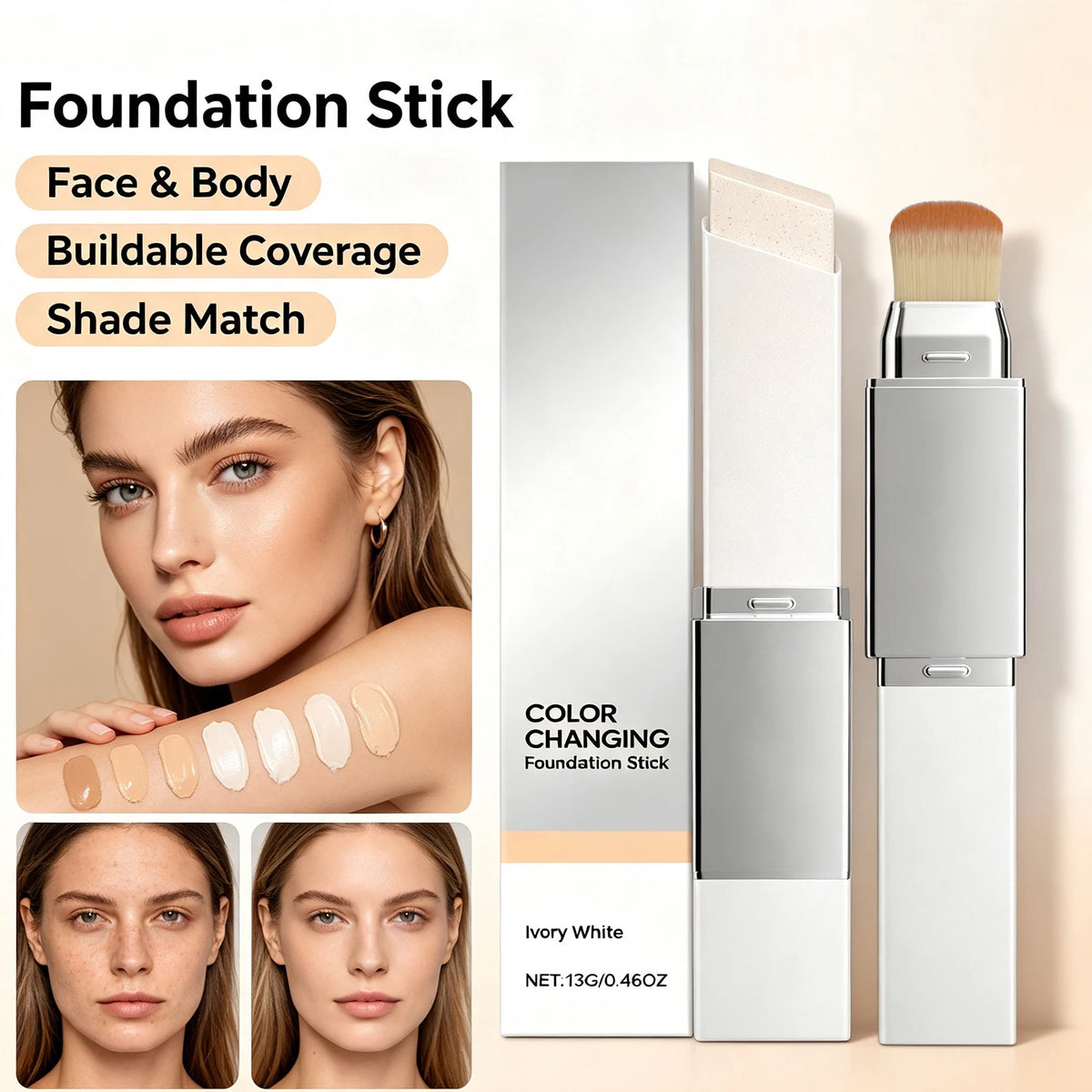 2 In 1 Color Changing Foundation Stick Matte Sheer Lightweight Cream Texture High Coverage Detachable Brush Natural Makeup Base