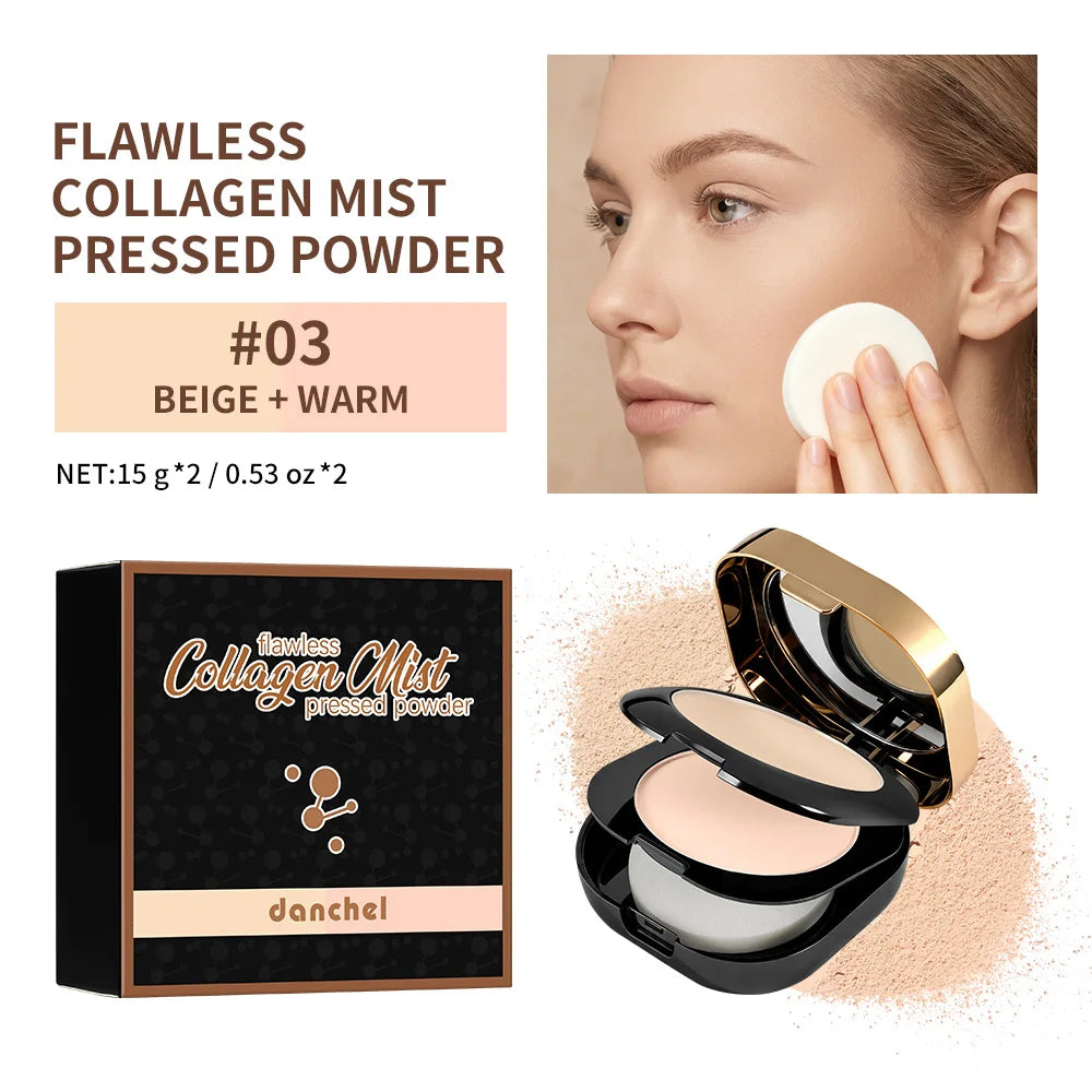 Collagen Dual-Layer Compact Powder Long-Lasting Oil Control Setting Touch-Up Portable Makeup For On-the-Go Daily Use