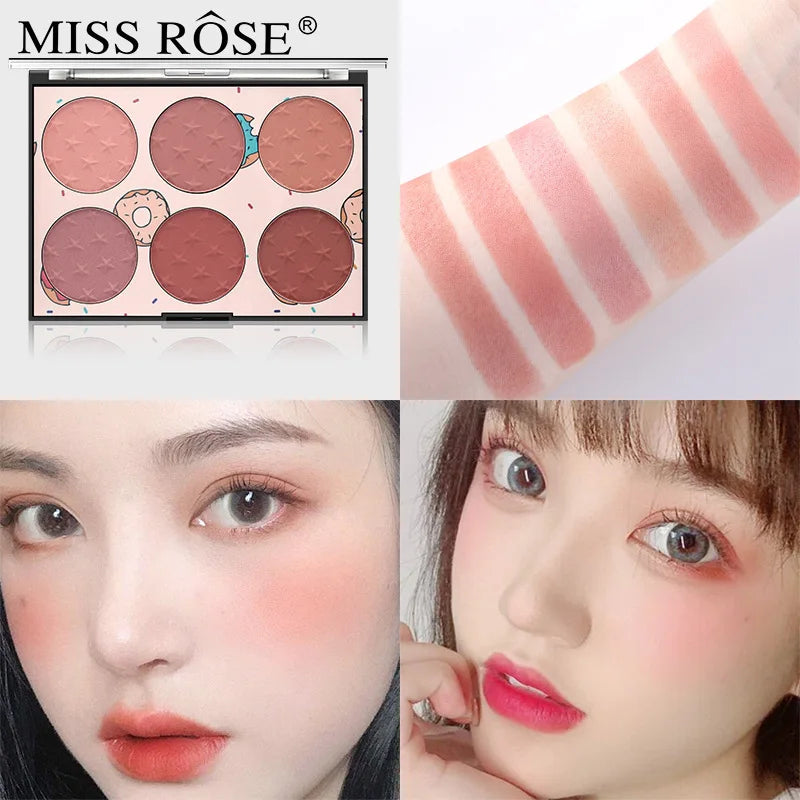 MISS ROSE 6 Color Blush Palette Natural Matte Rouge Multi-purpose Face Makeup for Blush & Contour Portable Daily Facial Cosmetic