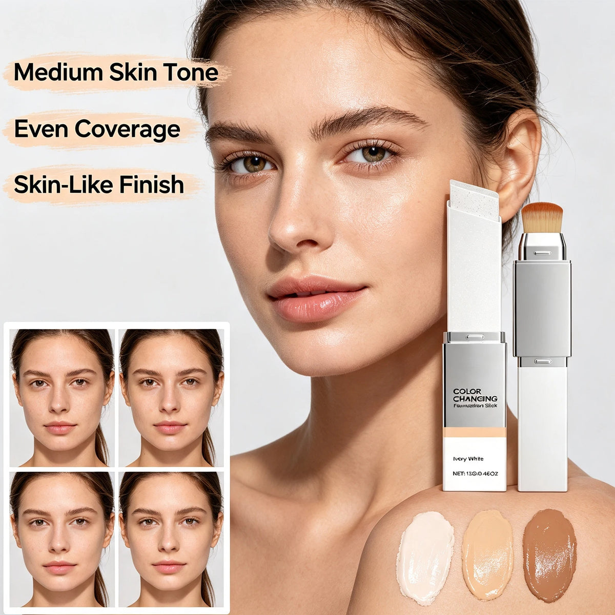 2 In 1 Color Changing Foundation Stick Matte Sheer Lightweight Cream Texture High Coverage Detachable Brush Natural Makeup Base