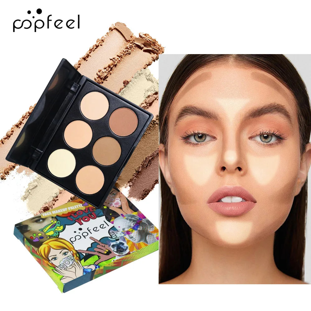 POPFEEL 6-Color Matte Contour Powder Nose Shadow Shading Brightening Setting Powder 3D Stereoscopic Face Makeup