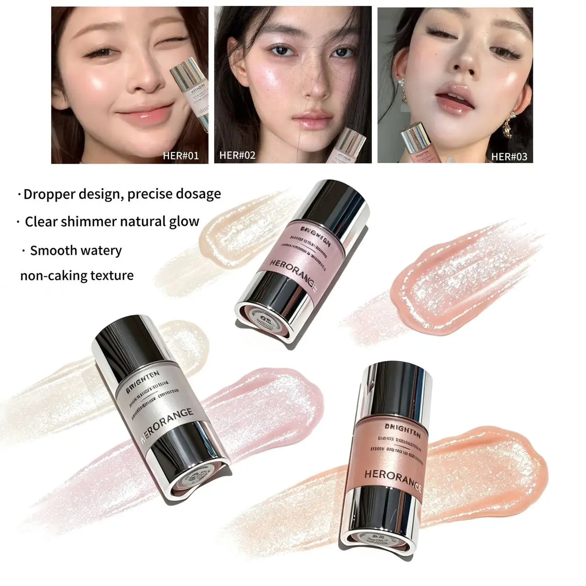Herorange Shimmer Liquid Blush Highlighter, Dewy Watery Smooth Texture, Easy Blend Natural Brightening Daily Face Makeup
