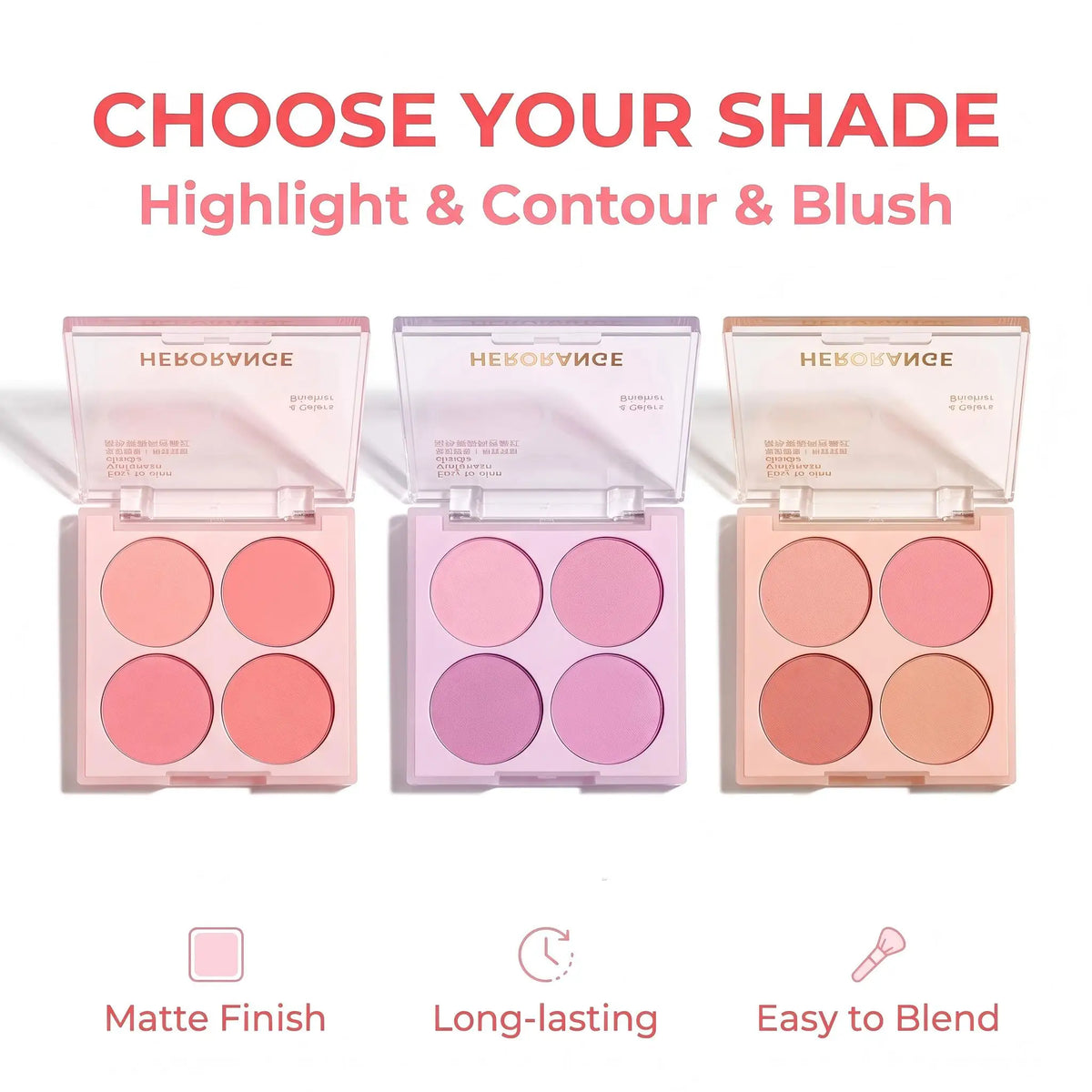 Herorange Sweet Glow 4-Color Blush Palette, Silky Blendable Powder, Multi Shades Buildable Soft Flush Daily Cheek Makeup