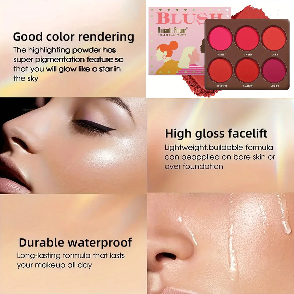 6-Color Waterproof Matte Blush Palette Free Brush Buildable Medium Coverage Sweatproof&Long-Lasting Natural Finish Lightweight - AliExpress 66