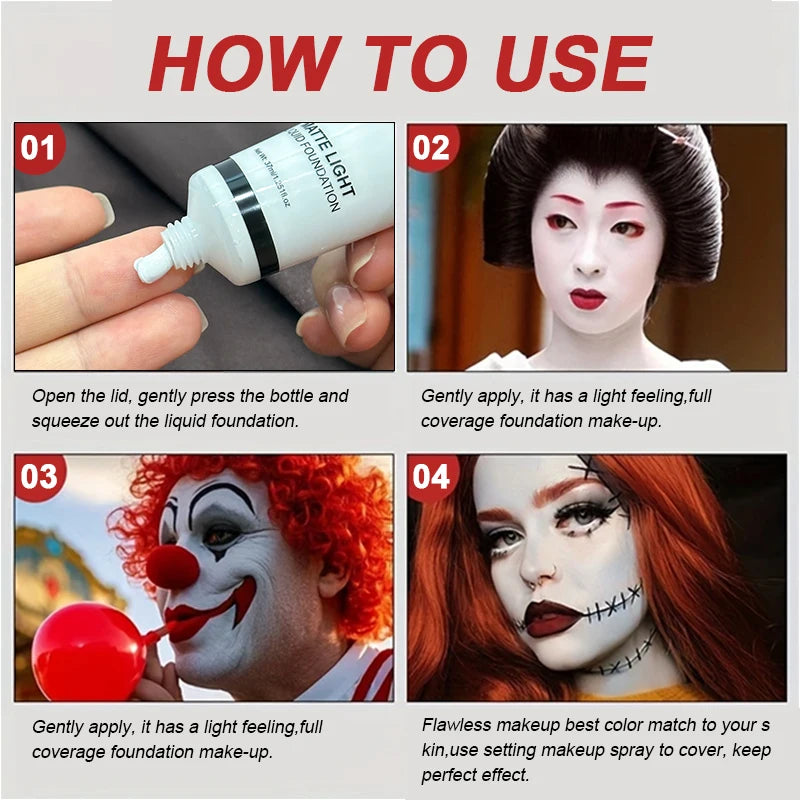 White Liquid Foundation,Full Coverage Face Foundation,Glitter Lipstick Long-Lasting Matte Concealer Makeup for COS Stage Makeup - AliExpress 66