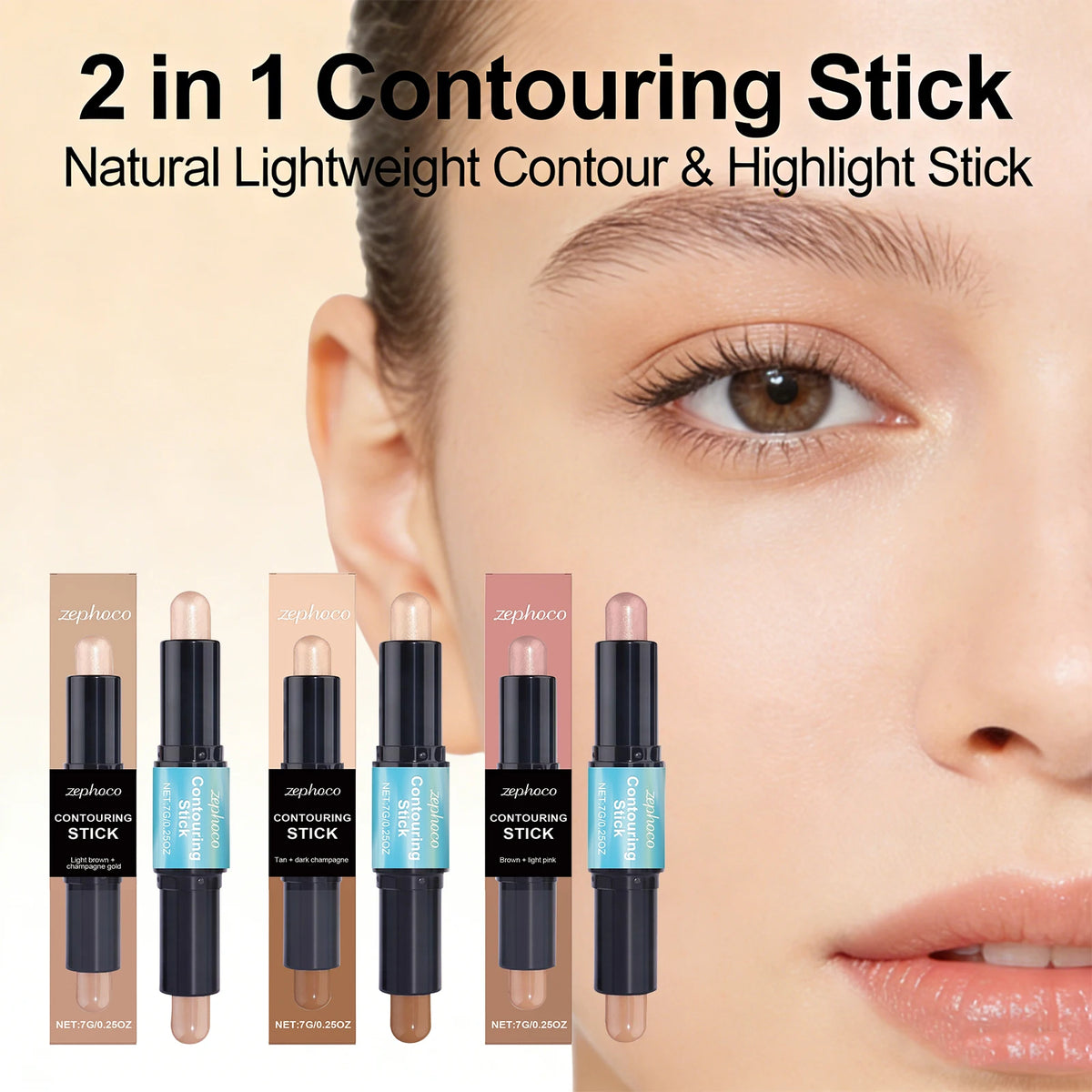 2 in 1 Contouring Stick Brighten and Plump Face Natural Contouring of Facial Contours Waterproof Long-Lasting Highlight Makeup