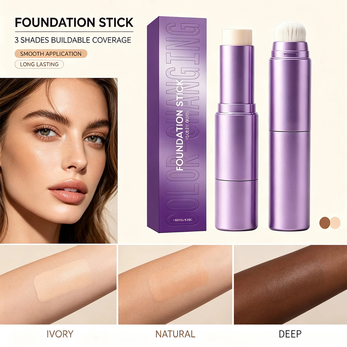 2 in 1 Color Changing Foundation Stick Dual Ended Brush Design Lightweight Natural Fit Skin Long Lasting Smooth Texture 10g