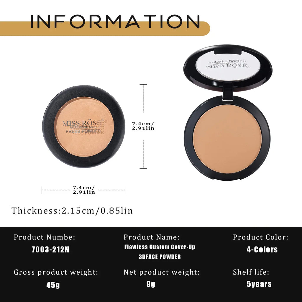 MISS ROSE Round Setting Powder with Puff Long-lasting Concealer Brightening Facial Makeup Daily Cosmetic for Natural Skin Finish