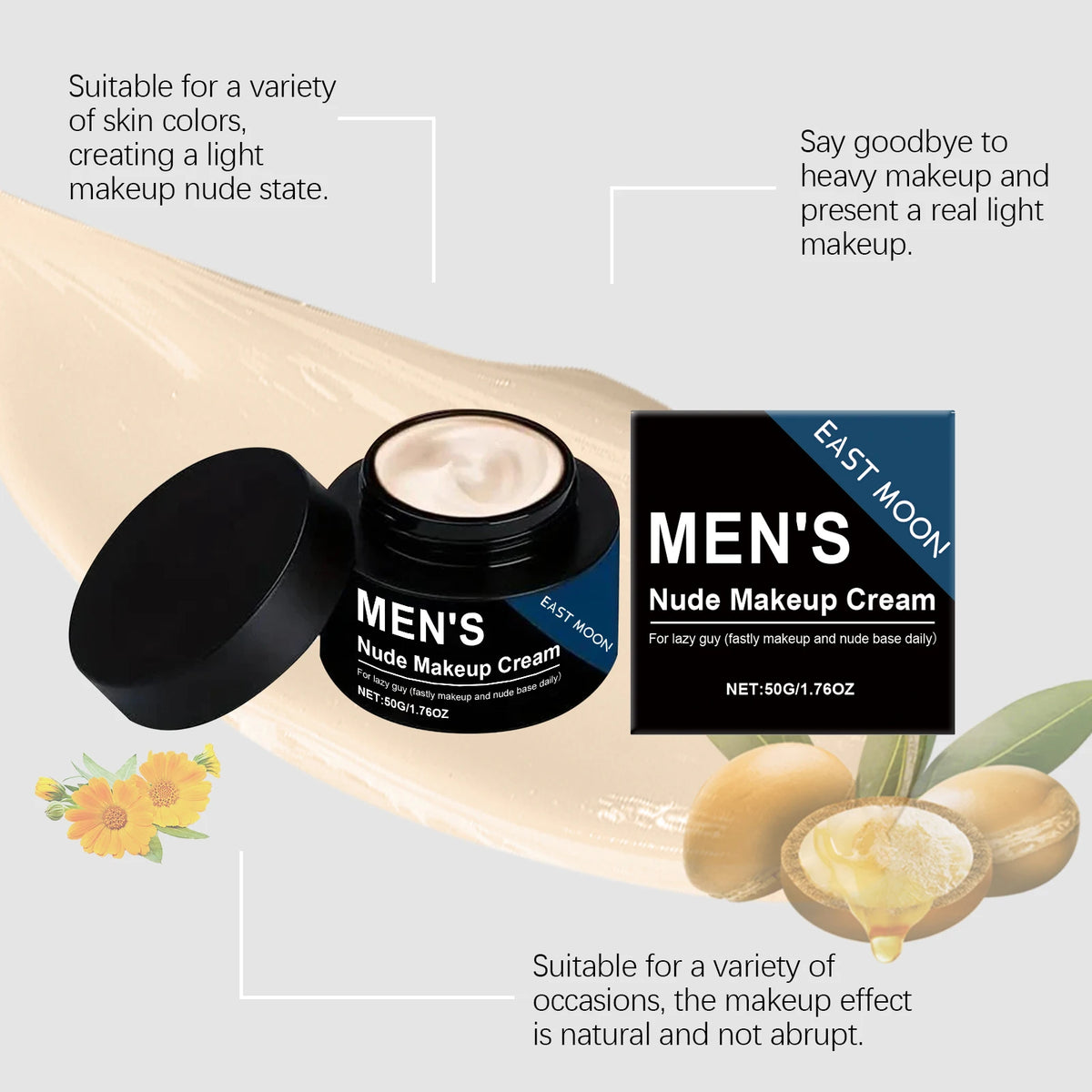 East Moon Men's Nude Makeup Cream, Natural Light Coverage BB Cream, Quick Daily Lazy Face Cream for Men, Evens Skin Tone