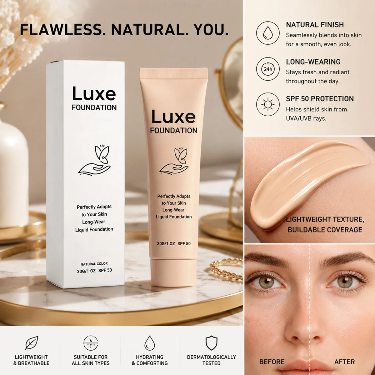 Luxe Color Changing Liquid SPF50 Foundation Long-Wear Skin Tone Adaptive Lightweight Natural Dark Shades Makeup Base