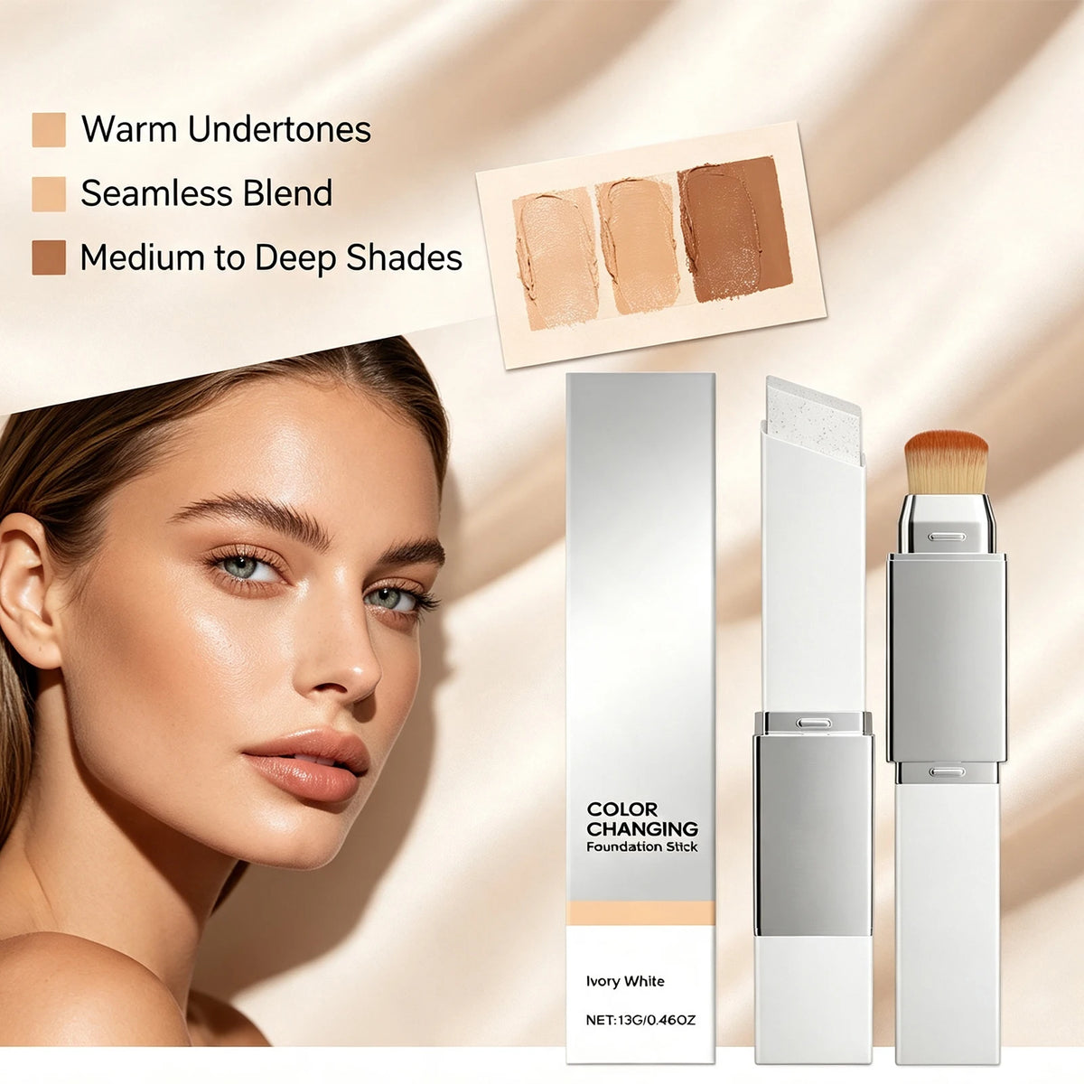 2 In 1 Color Changing Foundation Stick Matte Sheer Lightweight Cream Texture High Coverage Detachable Brush Natural Makeup Base