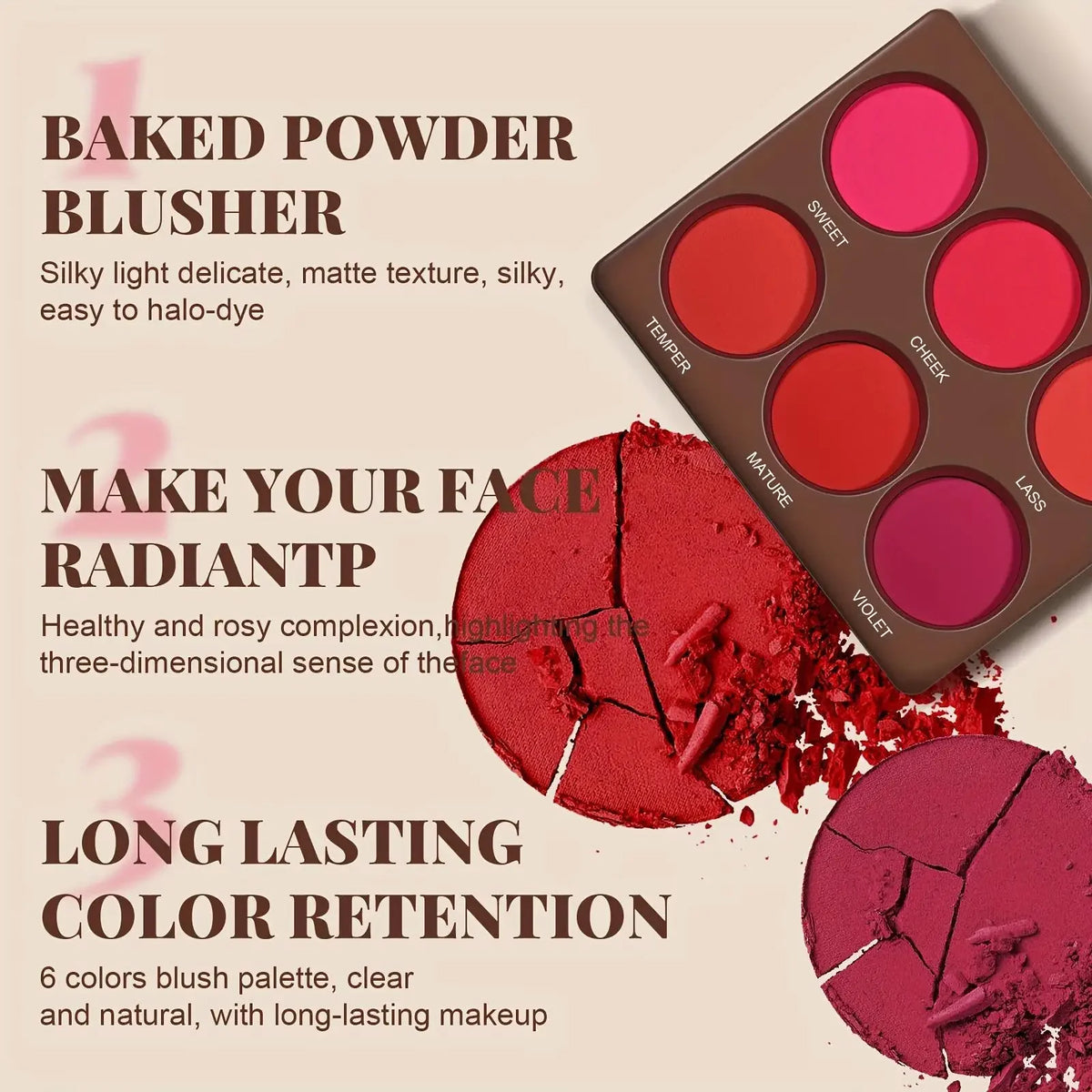6-Color Waterproof Matte Blush Palette Free Brush Buildable Medium Coverage Sweatproof&Long-Lasting Natural Finish Lightweight - AliExpress 66