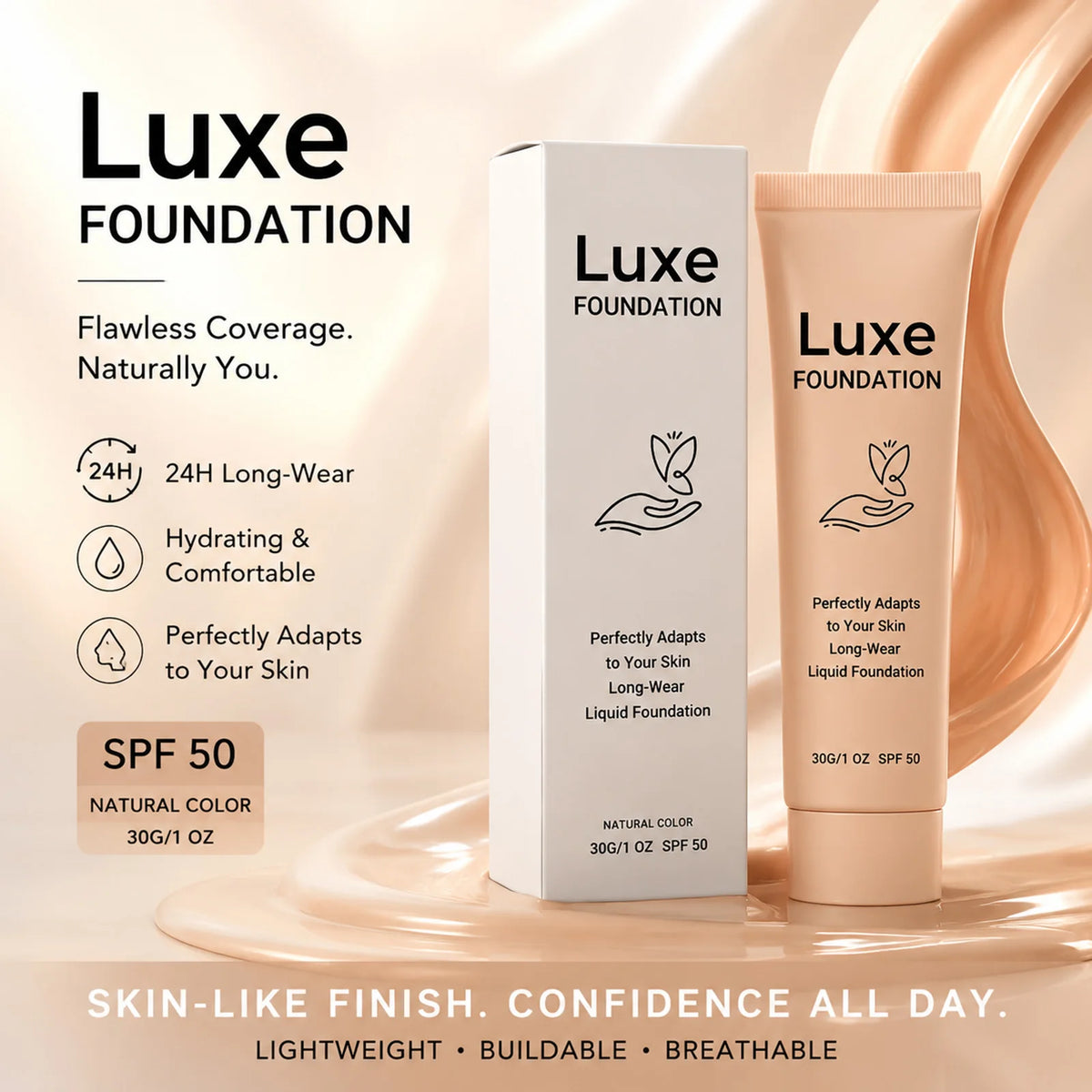 Luxe Color Changing Liquid SPF50 Foundation Long-Wear Skin Tone Adaptive Lightweight Natural Dark Shades Makeup Base