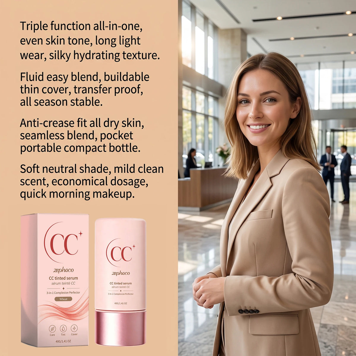 3-In-1 CC Tinted Serum Cream Even Skin Tone Natural Coverage Daily Beauty Cosmetic Product Lightweight Skin Balance Makeup Base