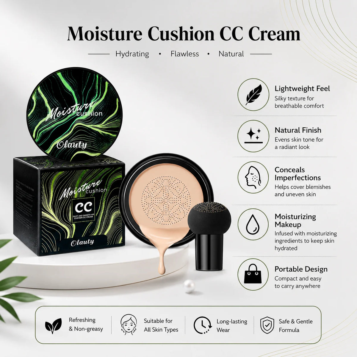 Moisture CC Cushion Foundation with Mushroom Sponge Long Lasting Hydrating Lightweight Flawless Coverage BB Air Cushion Makeup - AliExpress 66