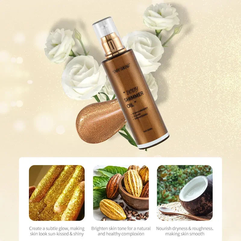 100ml Pearl Rose Gold Body Shimmer Oil Highlighter - Face Brighten Glitter Bronzer Skin Glow Illuminator Makeup Shine Liquid - AliExpress 66