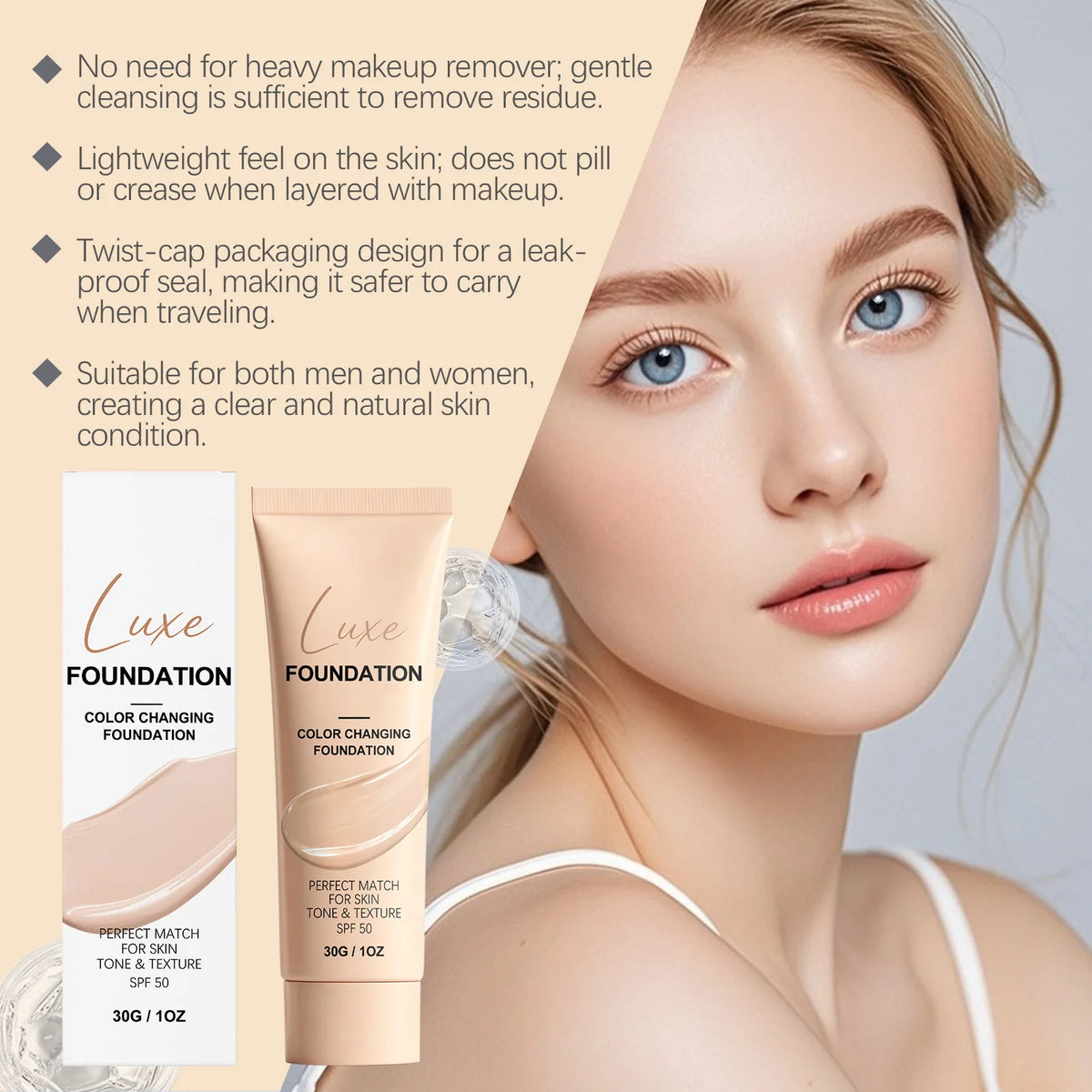 SPF 50 Color Changing Foundation Natural Coverage Self Adjusting Liquid Foundation Conceal Flaws Lightweight Primer Makeup Base