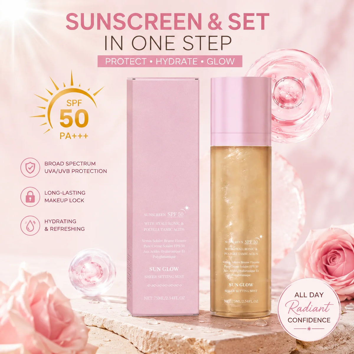 SPF Makeup Setting Spray Long Lasting Glow Finish Waterproof Makeup-Friendly Sunscreen Hydrating Fixer Spray For Pre Makeup Use