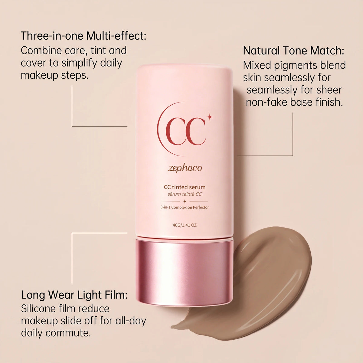 3-In-1 CC Tinted Serum Cream Even Skin Tone Natural Coverage Daily Beauty Cosmetic Product Lightweight Skin Balance Makeup Base