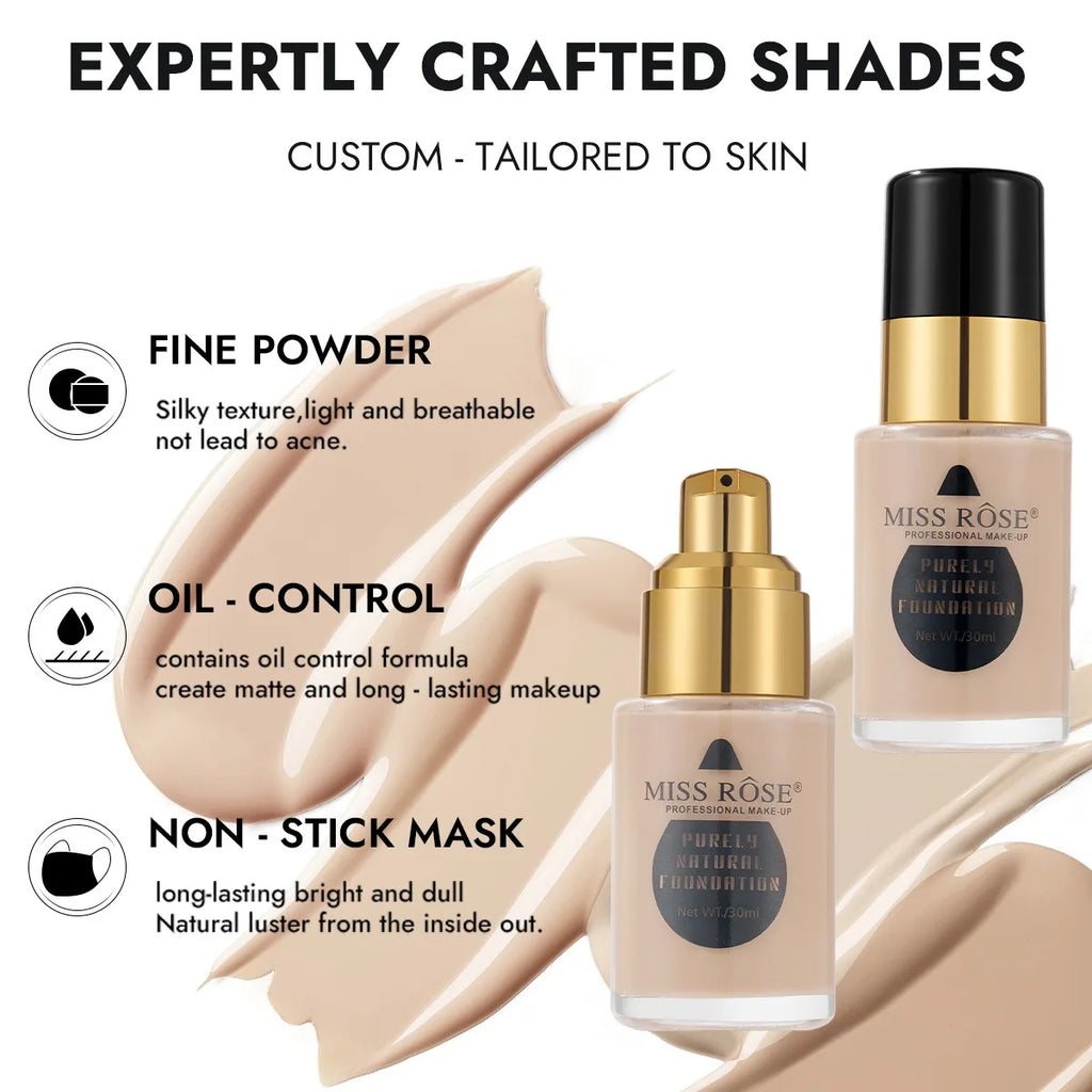 MISS ROSE 30ml Concealer Liquid Foundation Moisturizing Nourishing Lightweight Comfortable Wear Face Makeup Foundation Cream