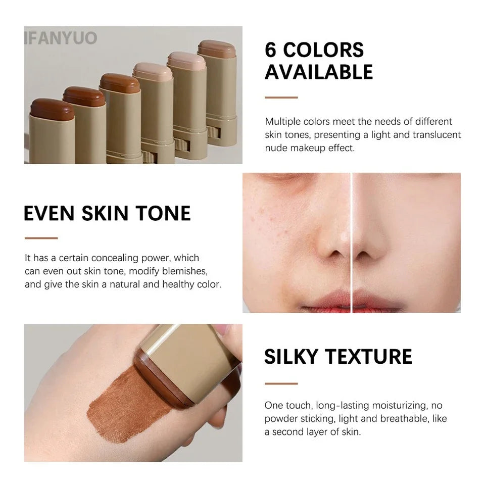 6 Colors Tinted Foundation Cream Stick, Waterproof Oil Control Concealer Foundation, Smooth Matte Full Coverage Makeup Stick