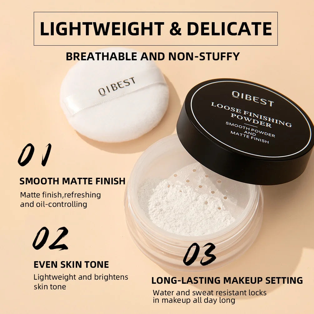 QIBEST Loose Powder Setting Powder Long Lasting Brightening Oil Control Full Coverage Smooth Natural Face Makeup Cosmetics