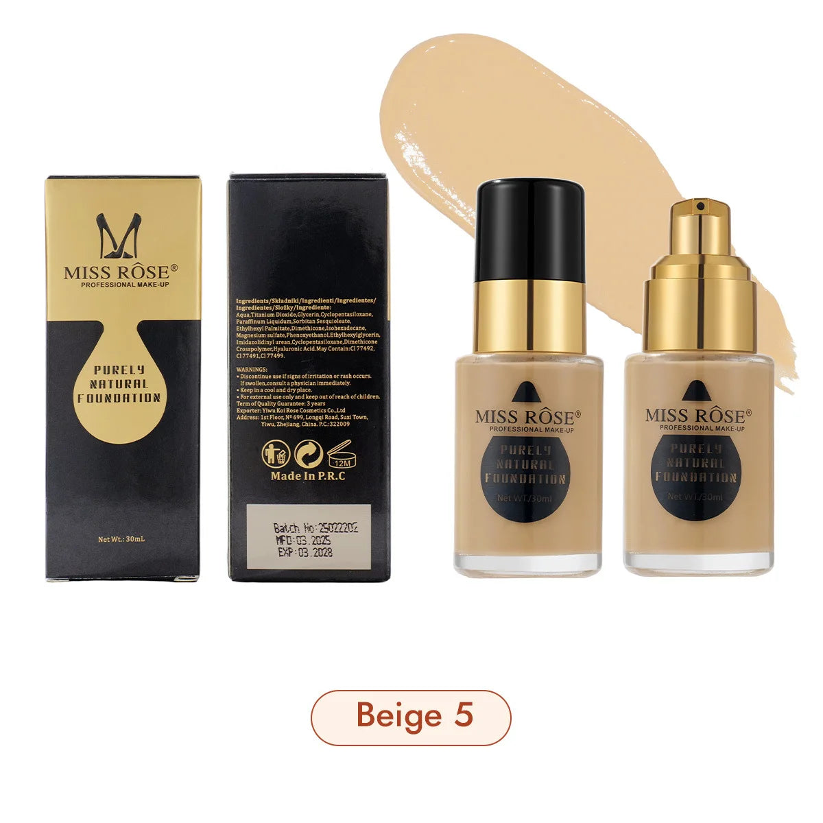 MISS ROSE 30ml Concealer Liquid Foundation Moisturizing Nourishing Lightweight Comfortable Wear Face Makeup Foundation Cream