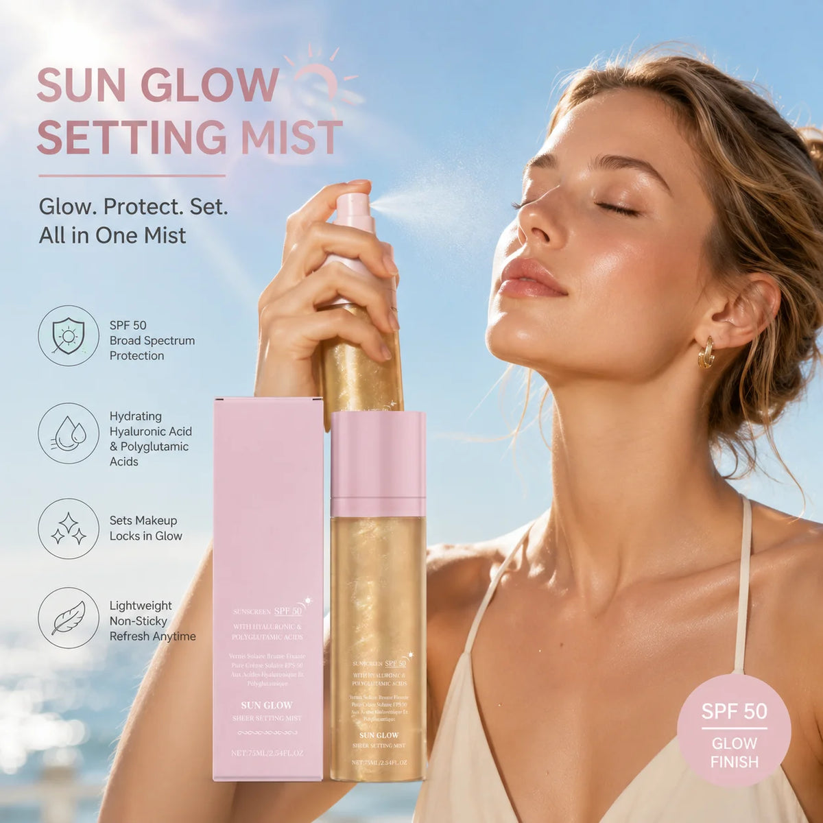 SPF Makeup Setting Spray Long Lasting Glow Finish Waterproof Makeup-Friendly Sunscreen Hydrating Fixer Spray For Pre Makeup Use