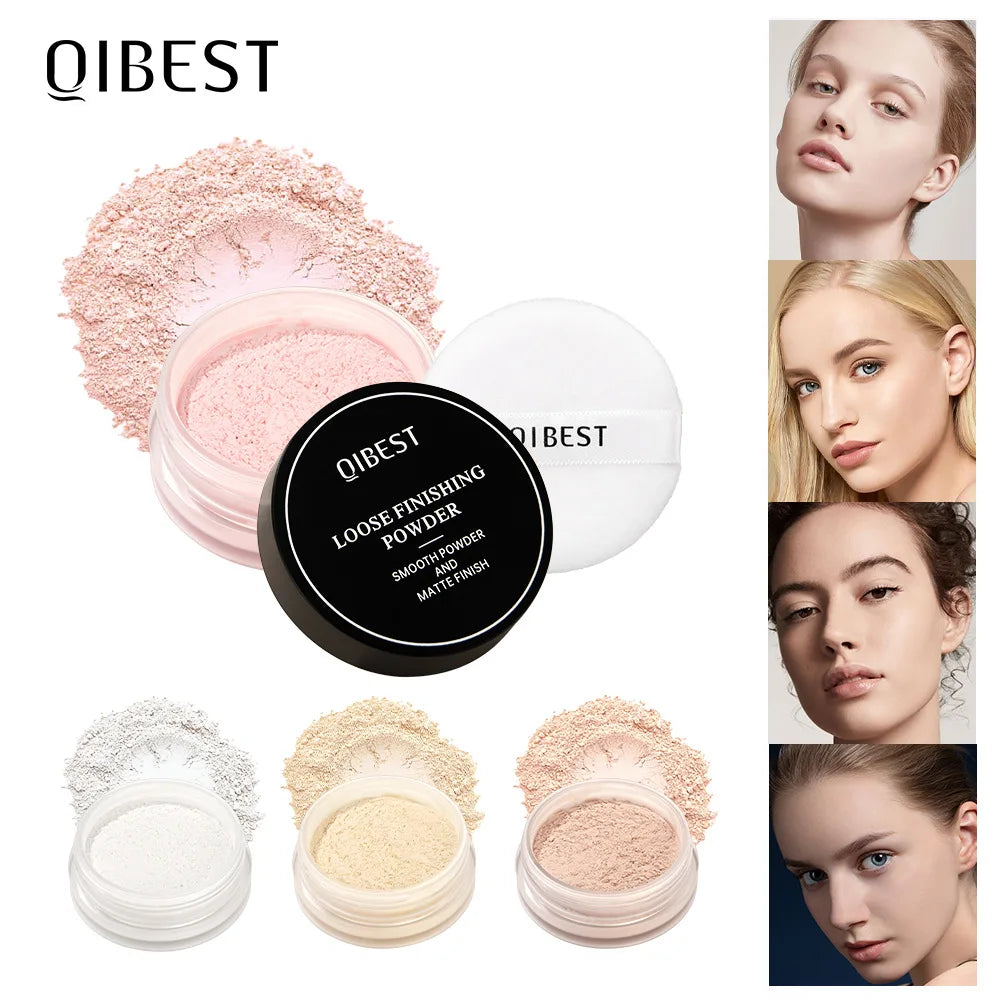QIBEST Loose Powder Setting Powder Long Lasting Brightening Oil Control Full Coverage Smooth Natural Face Makeup Cosmetics